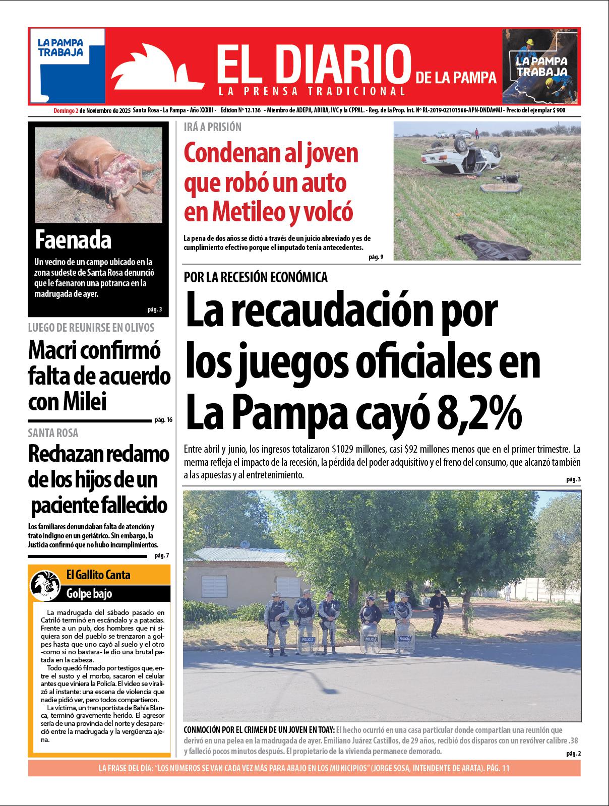 Tapa de El Diario en papel  domingo 02 de noviembre de 2025